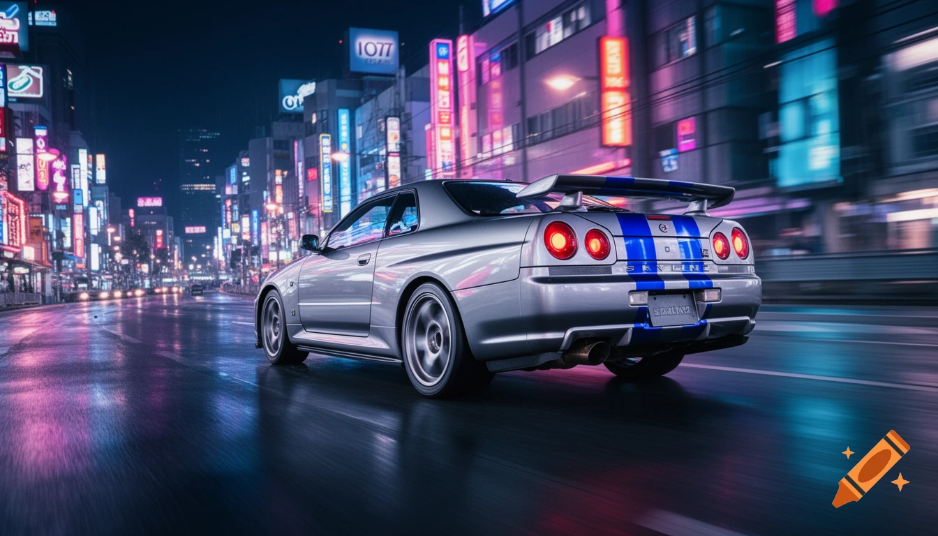 A silver sports car with blue racing stripes drives down a neon-lit city street at night, with motion blur.