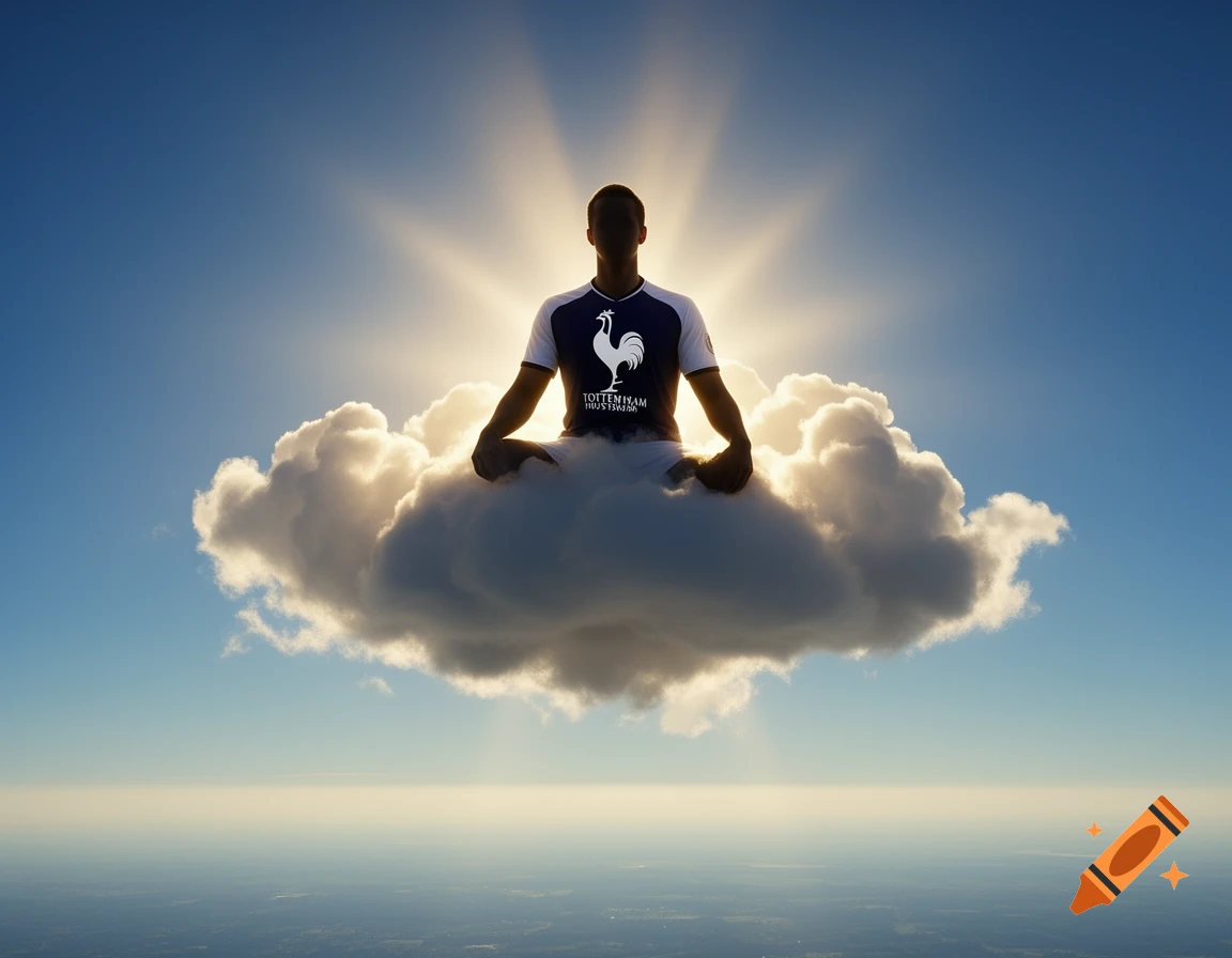 Silhouetted figure in a Tottenham Hotspur shirt meditating on a cloud in a bright sky, with sun rays behind him.