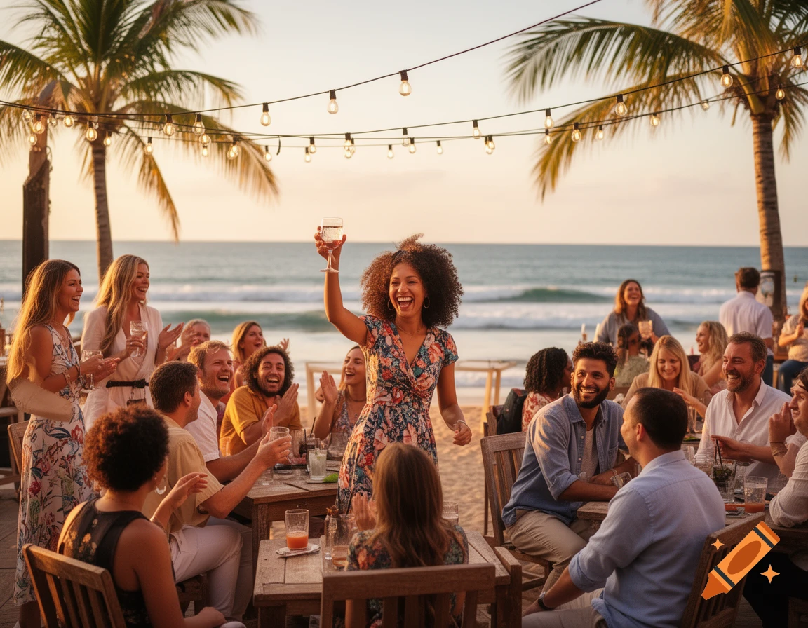 A diverse group of friends celebrates at a lively beach bar during sunset, with one woman making a toast.