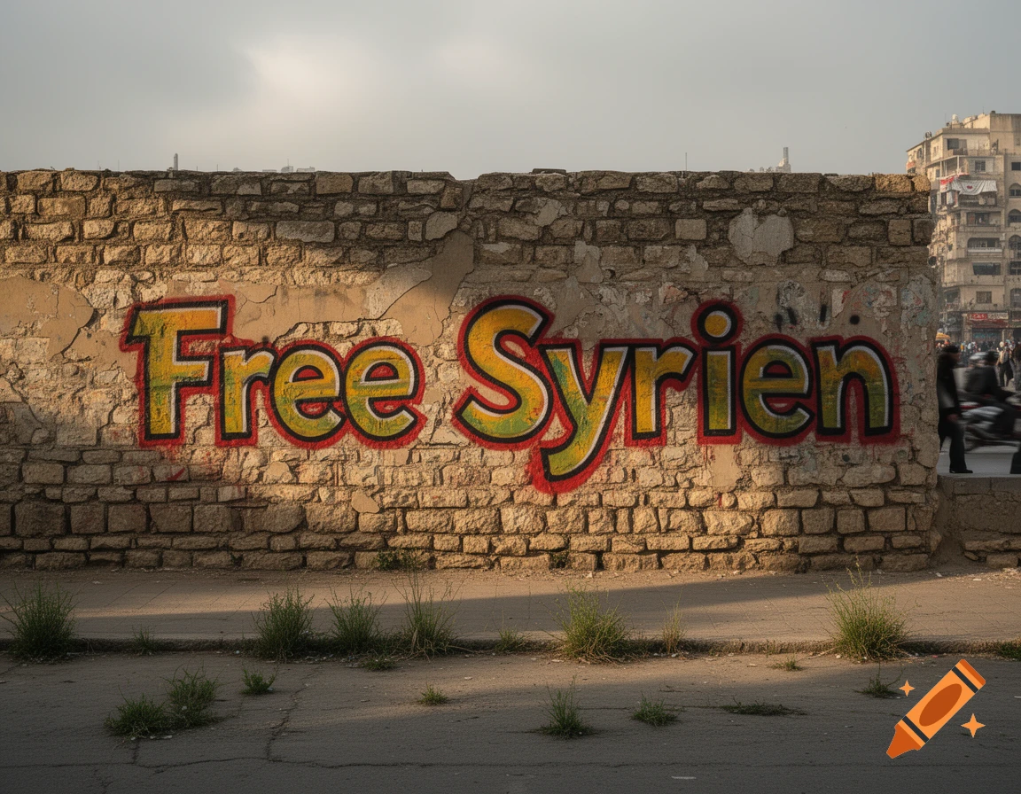 Photorealistic graffiti reading 'Free Syrien' on a crumbling brick wall on an urban street under a cloudy sky.