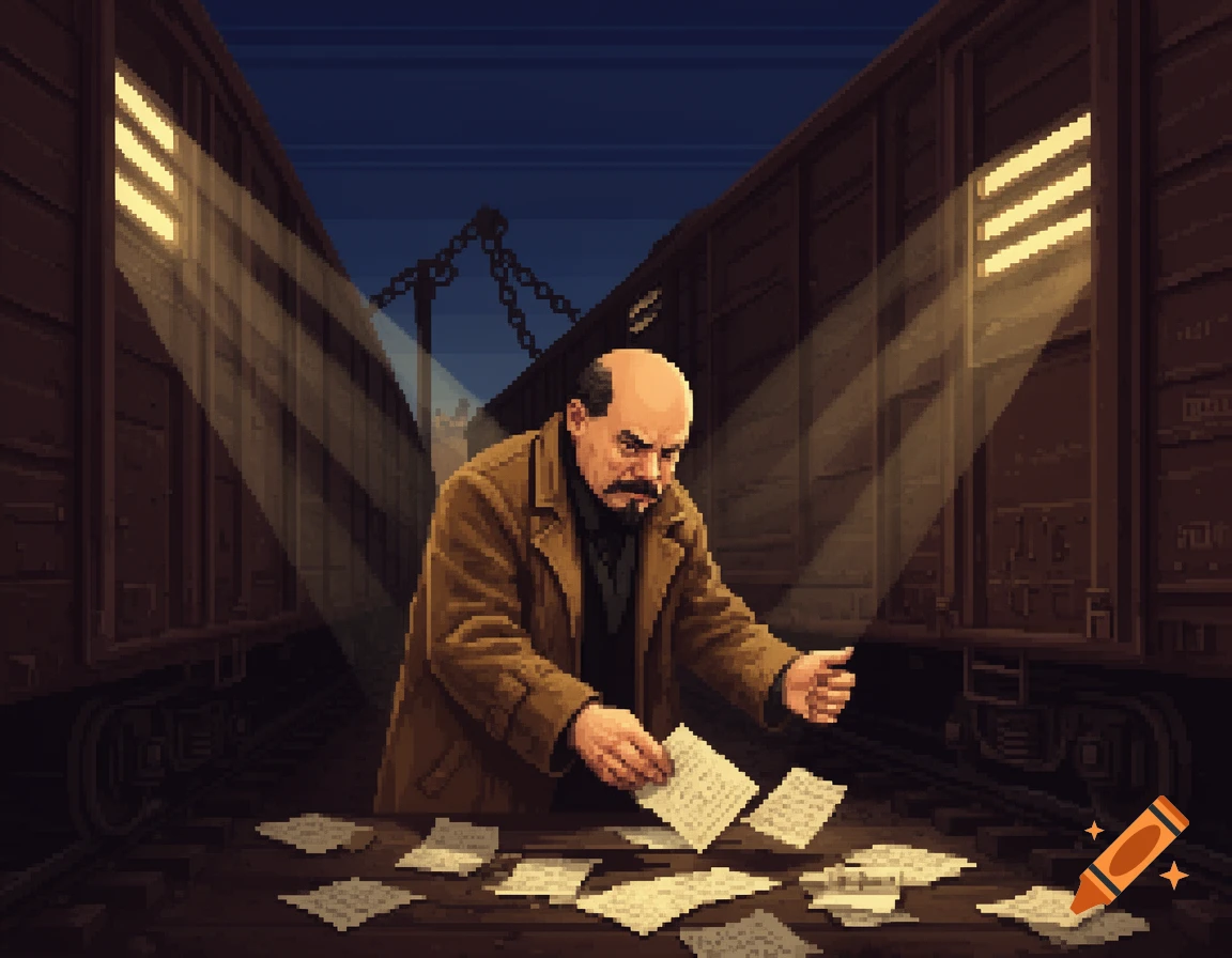 Pixel art of a bald, mustached man in a brown coat collecting papers between two freight trains at night, illuminated by light.