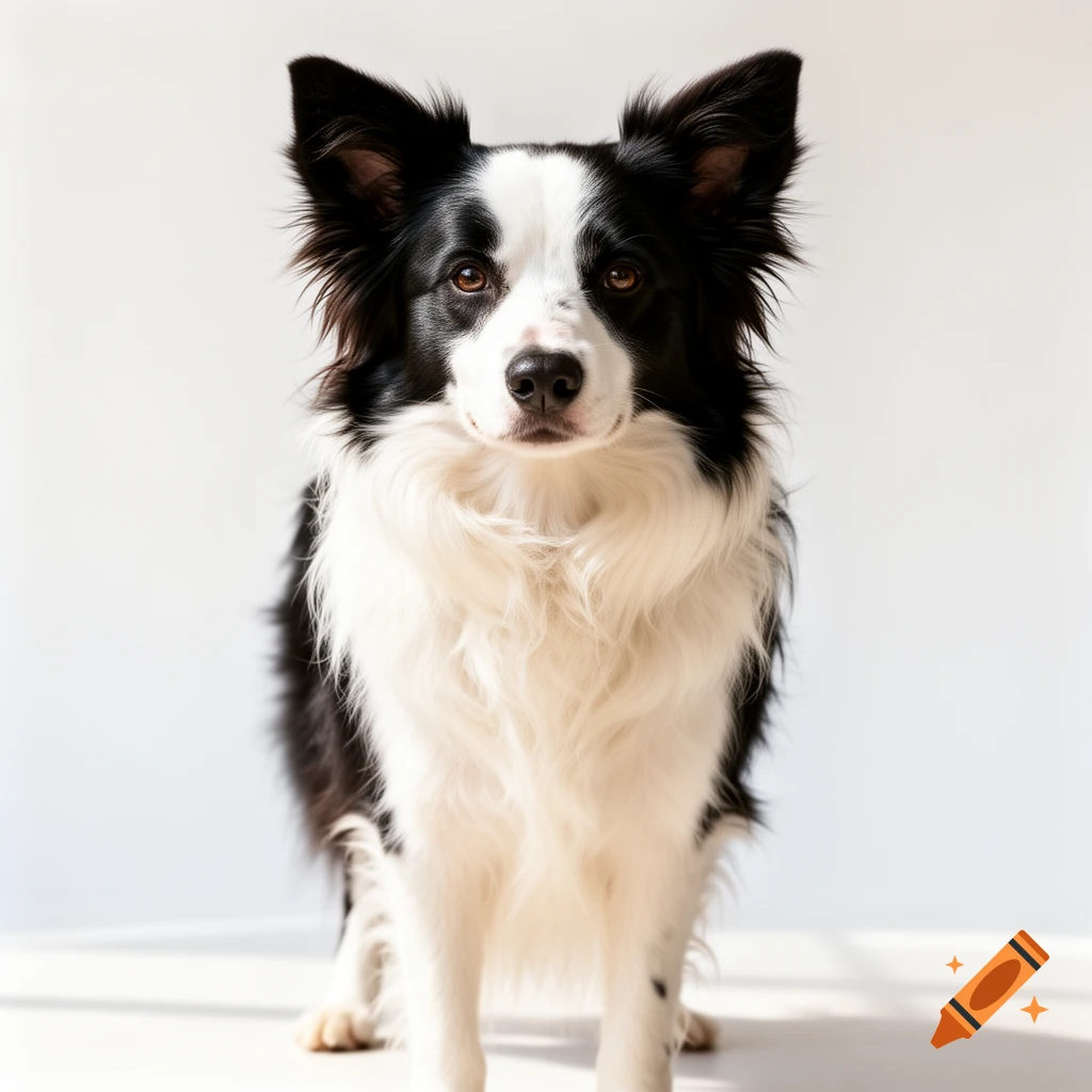 A black and white Border Collie dog stands facing forward against a white background.