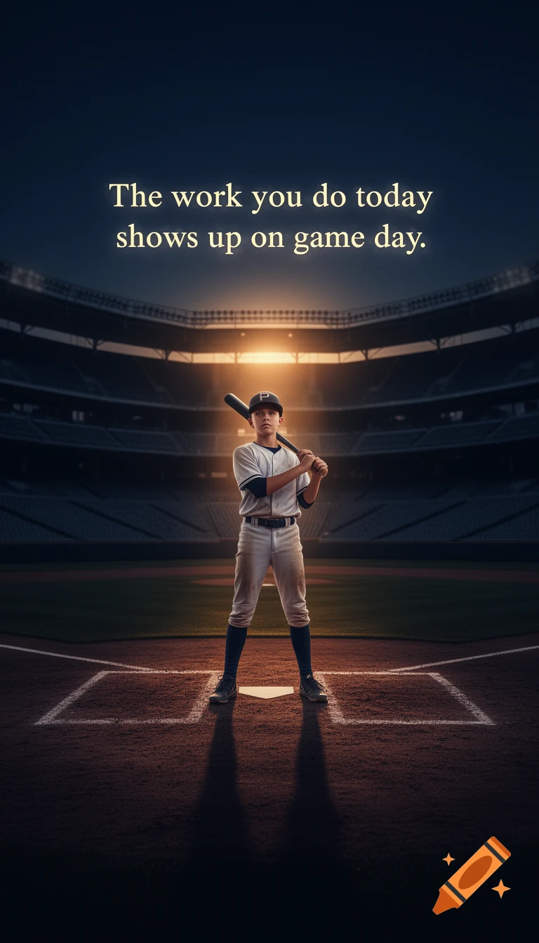 A cinematic image of a lone teenage baseball player standing at home plate in a dark stadium at sunrise, with motivational text.