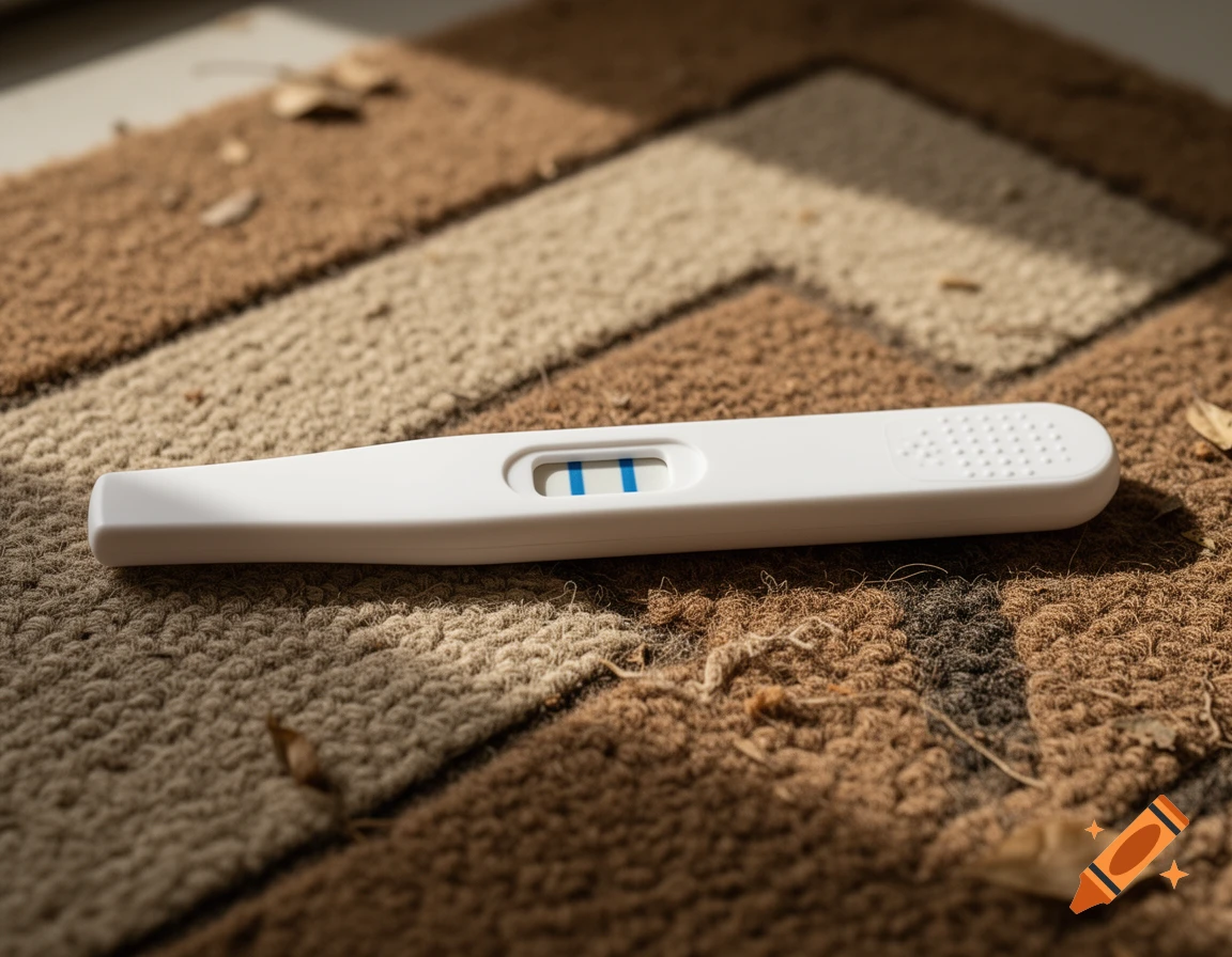 A white pregnancy test showing two blue lines for a positive result, lying on a brown and beige doormat.