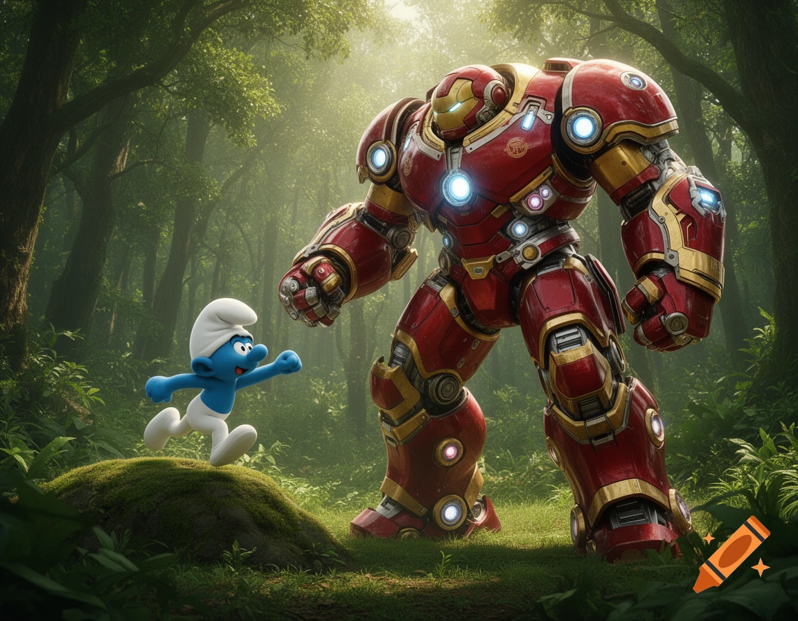 A Smurf runs towards a towering Hulkbuster robot in a sun-dappled forest.