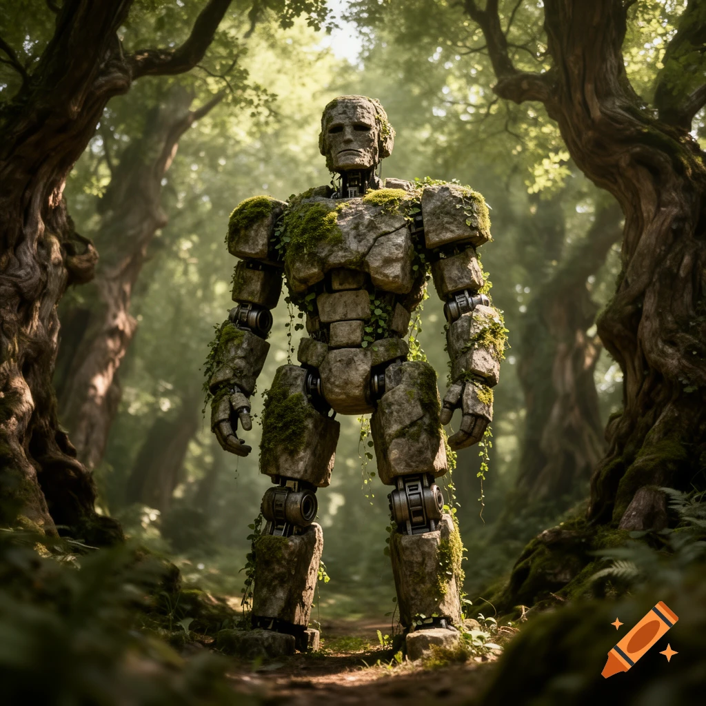 Photorealistic stone automaton covered in moss stands in a lush, sun-dappled forest.