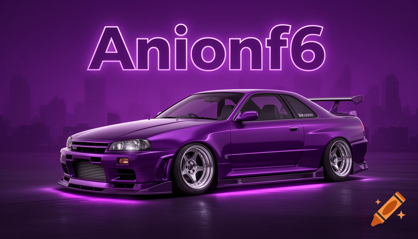 A stylized purple JDM car with neon underglow, set against a dark cityscape. Neon text 'Anionf6' glows above.