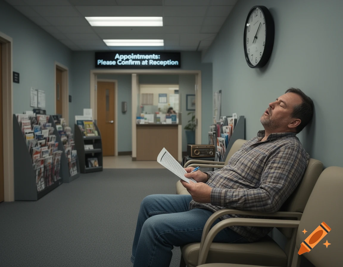 A bored man with a beard is asleep in a doctor's waiting room, holding papers in his lap.
