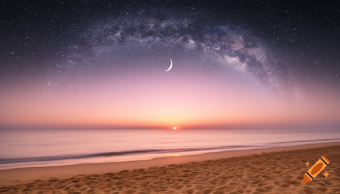 Photorealistic landscape of a beach at sunset with a crescent moon and the Milky Way visible in the pastel sky.