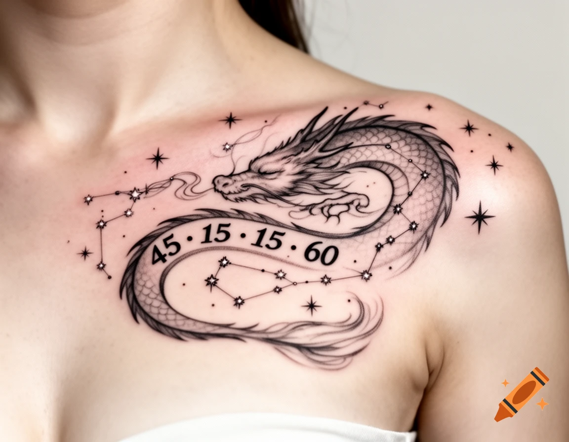 A detailed black and grey fine-line tattoo of a sleeping dragon coiled on a person's shoulder and clavicle, with constellations and numbers.