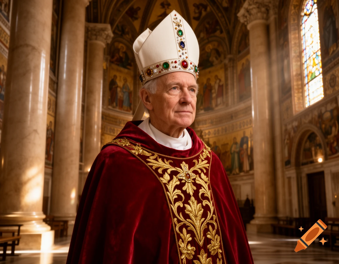 Elderly man in a white mitre and red, gold-embroidered cope stands in a grand church with pillars and stained glass.