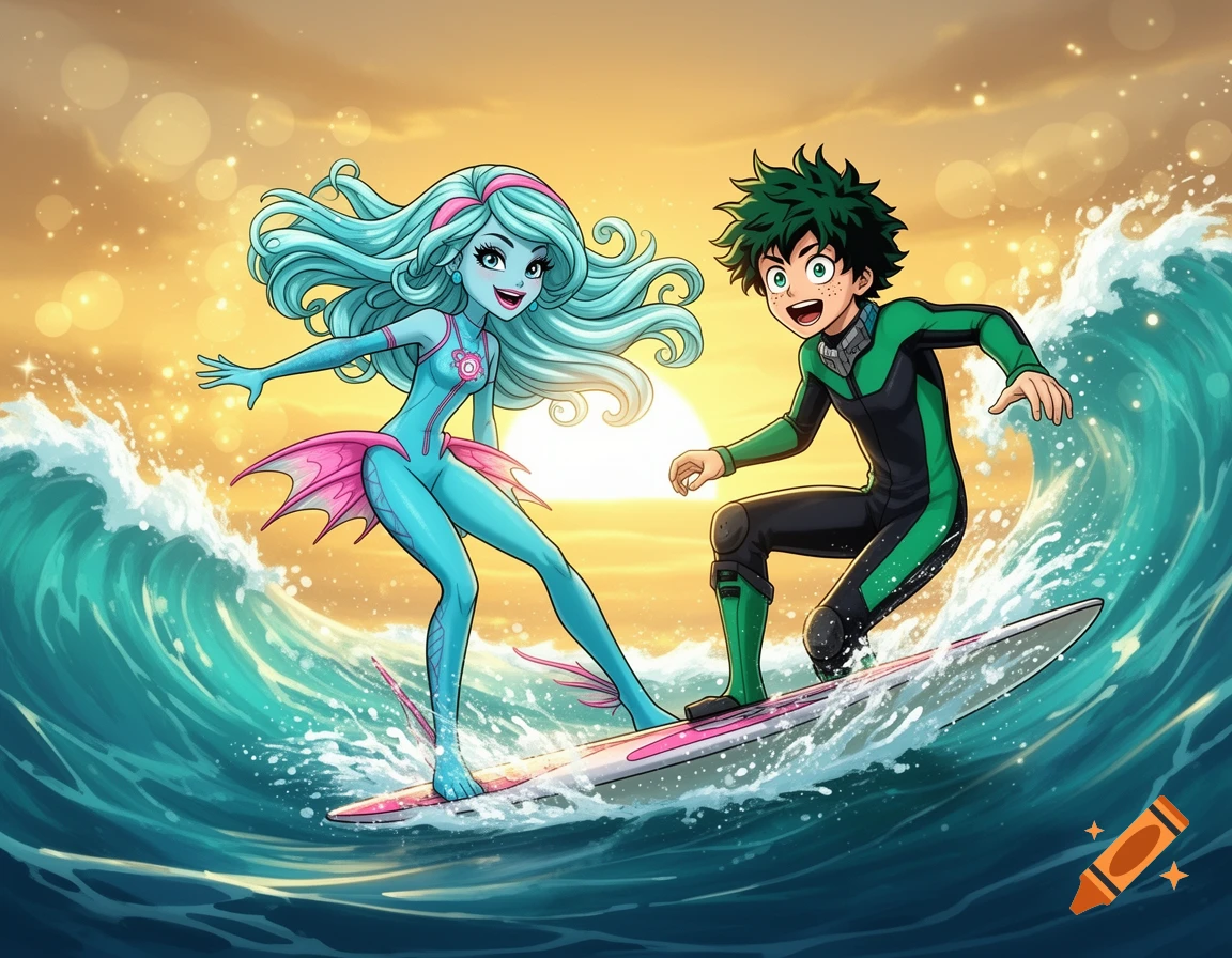 Cartoon style image of Lagoona Blue and Izuku Midoriya happily surfing a wave together at sunset.
