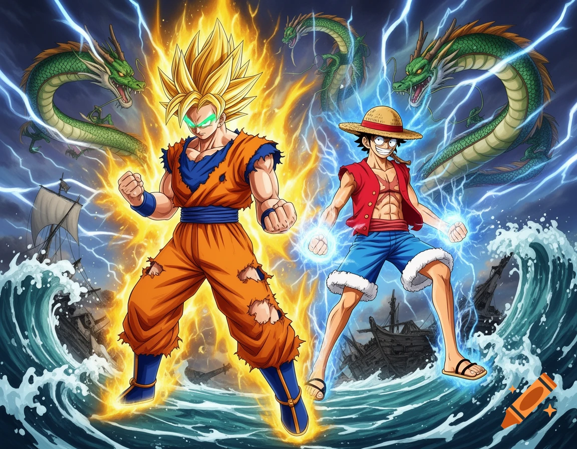 Goku and Luffy from Dragon Ball and One Piece stand on stormy waves with dragons and lightning.