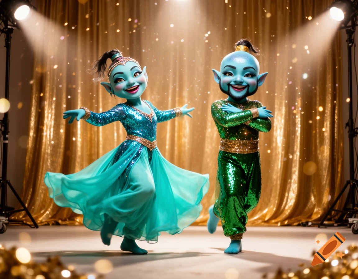 Two blue genie-like characters in vibrant sequined costumes dance on a stage with shimmering gold curtains and spotlights.