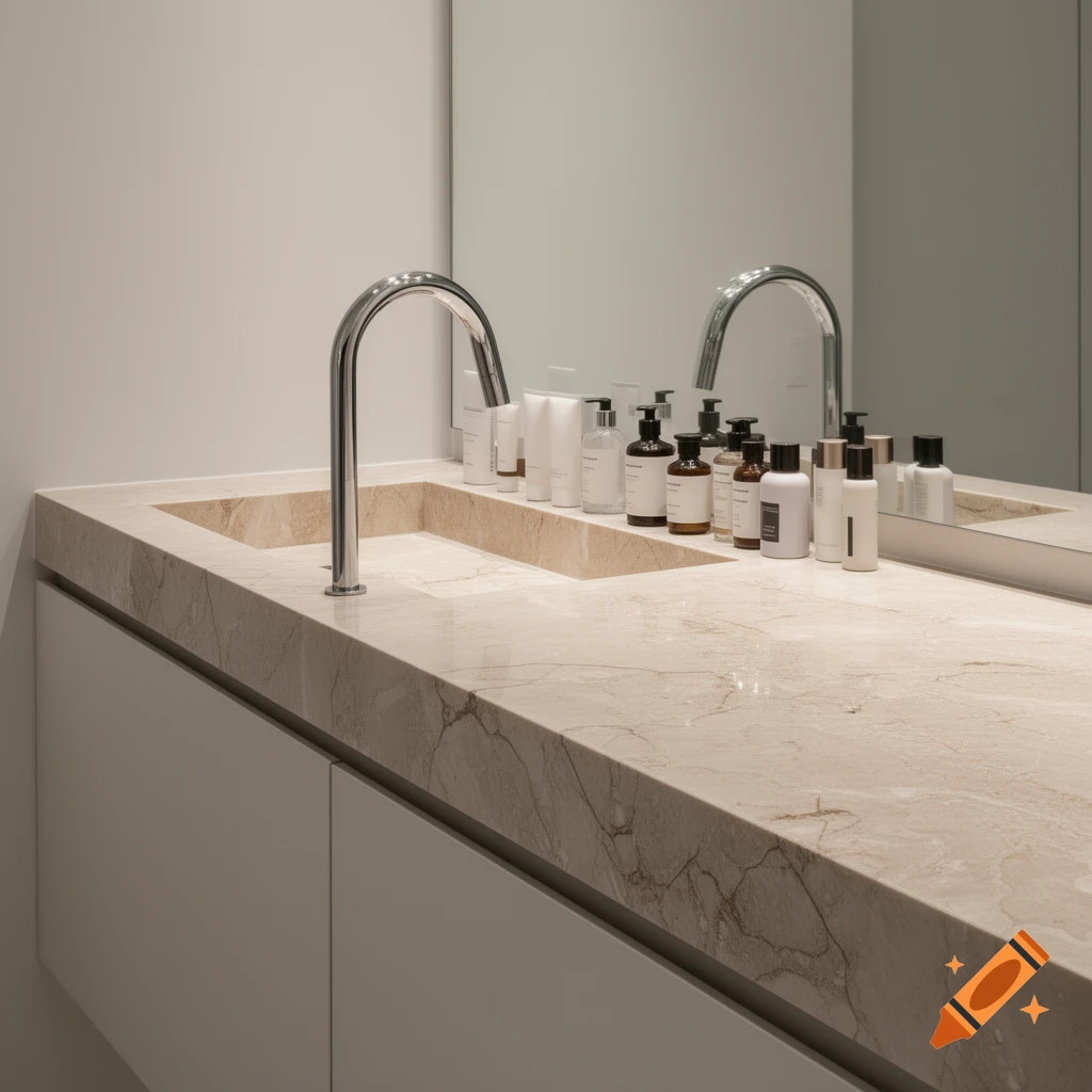 Photorealistic image of a modern bathroom countertop with a sink, chrome faucet, and various toiletries.