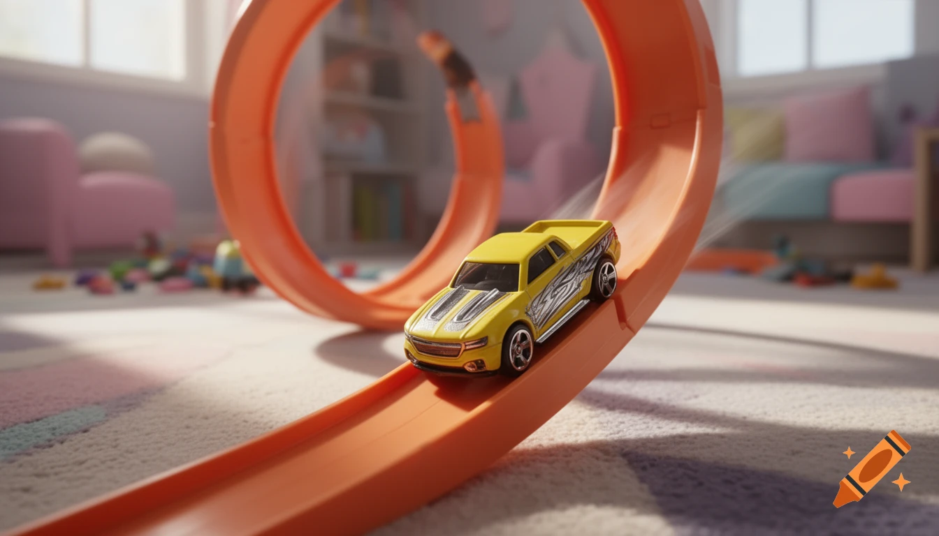 A yellow toy pickup truck with silver decals speeds down an orange Hot Wheels track in a child's bedroom.