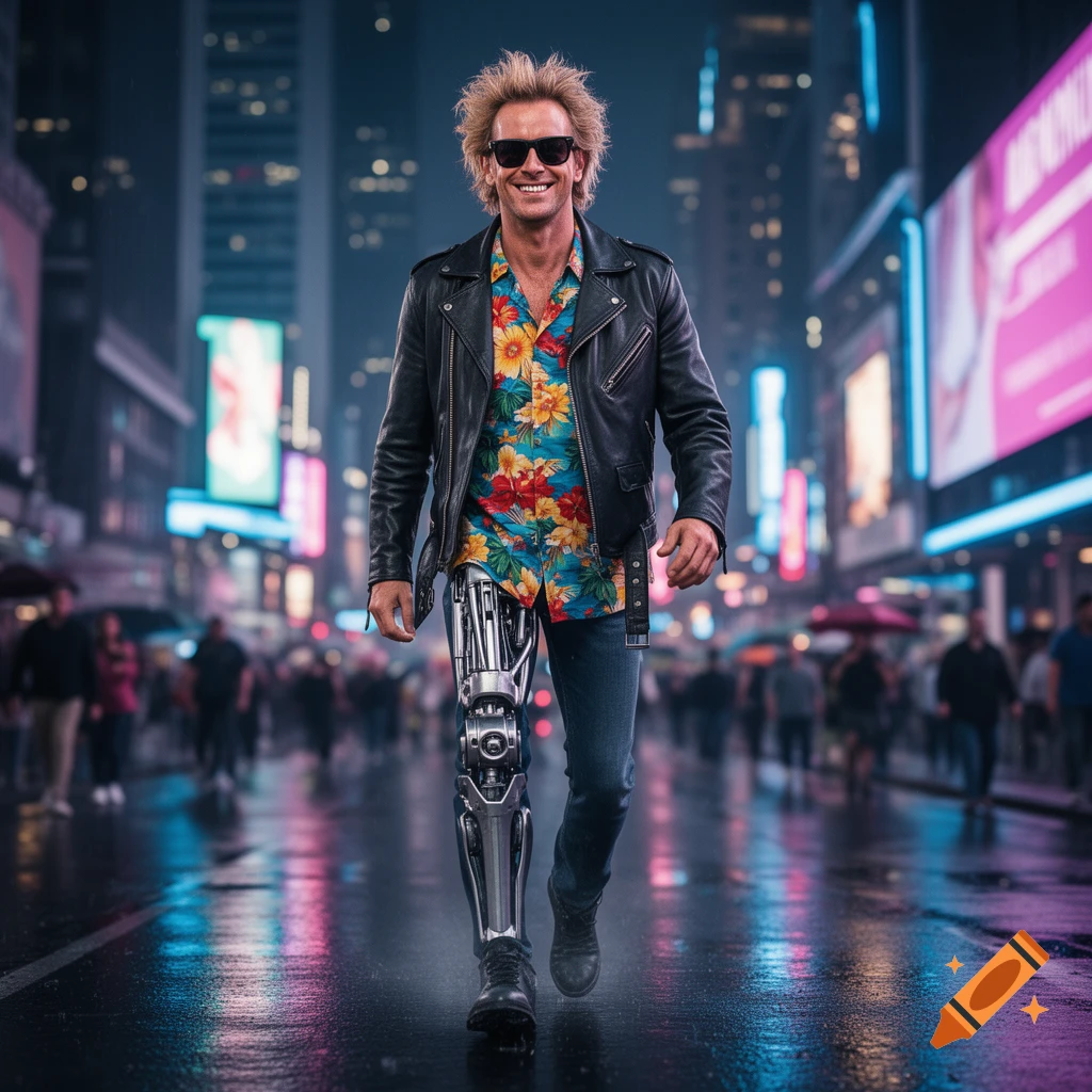 Man in a Hawaiian shirt, leather jacket, and sunglasses walks on a wet, neon-lit city street, revealing a metallic cyborg leg.