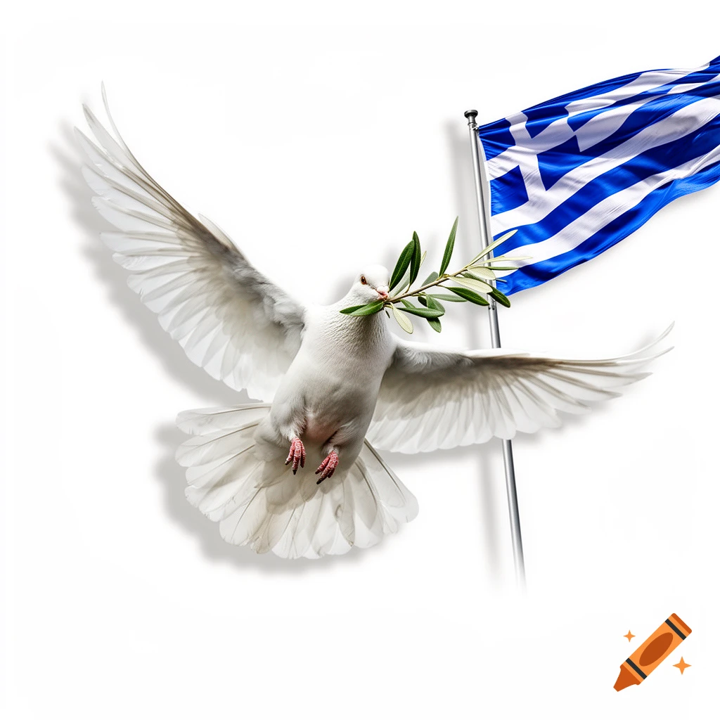 A white dove in flight holds an olive branch in its beak, with a waving Greek flag on a pole in the background, isolated on white.