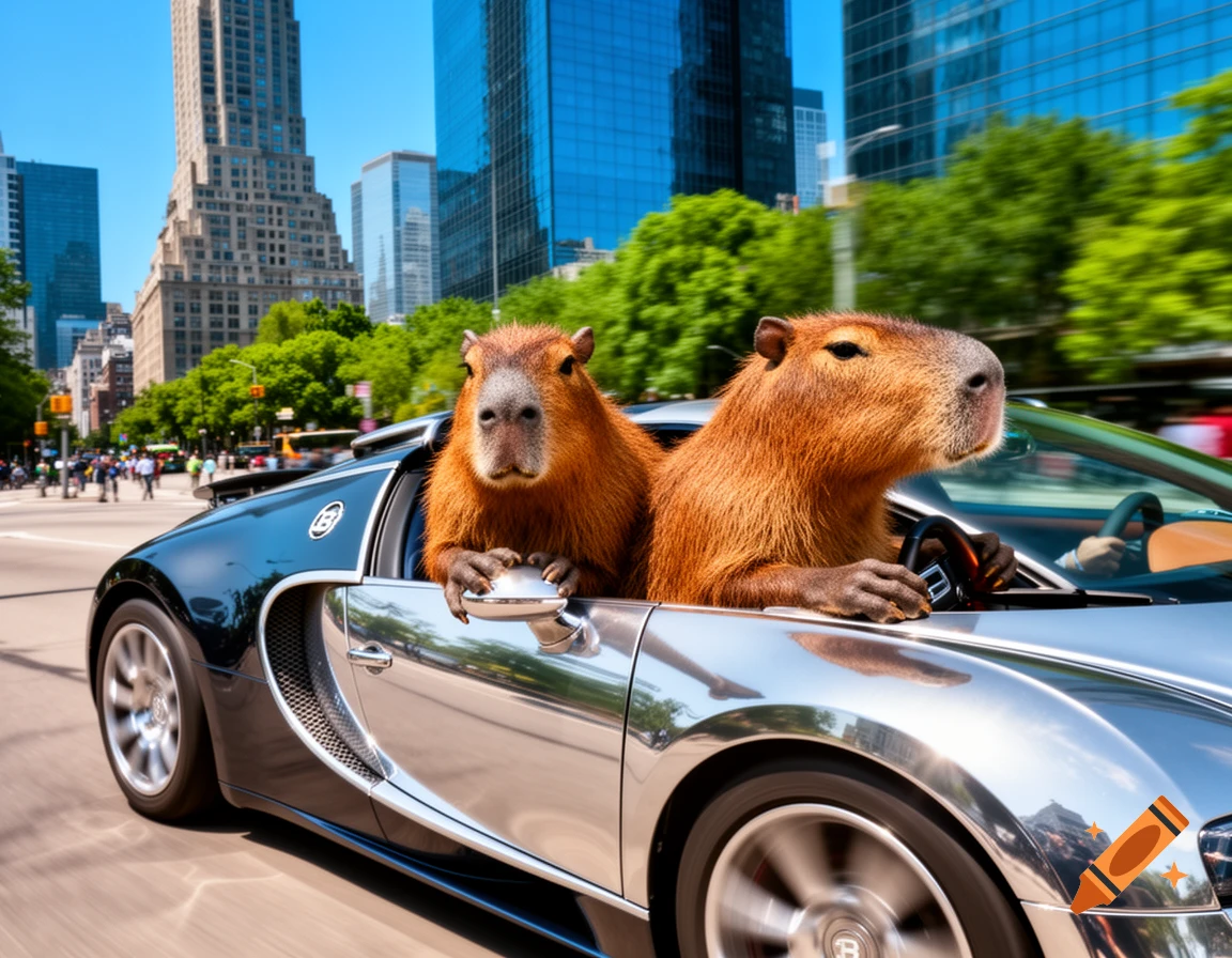 Two capybaras are driving a shiny silver and black Bugatti supercar down a city street on a sunny day, with motion blur in the background.