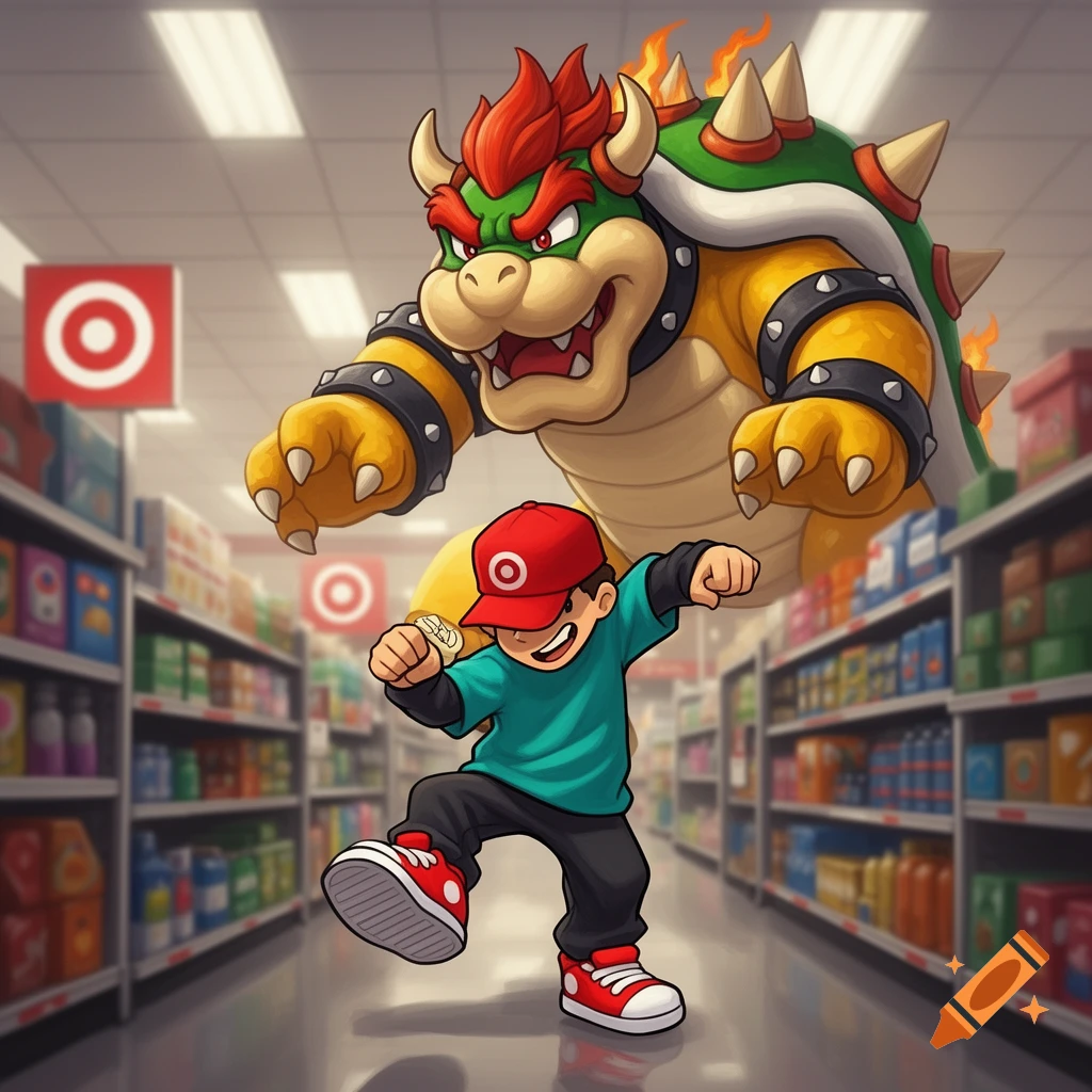 A cartoon boy in a red cap skips happily in a Target store aisle as a large, angry Bowser floats behind him.