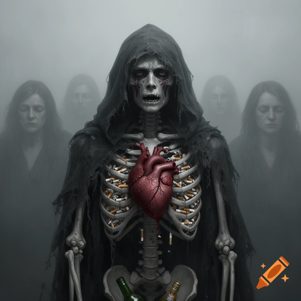 A skeletal Grim Reaper in a dark cloak holds a human heart in its chest, which is filled with cigarette butts. Alcohol bottles rest at its pelvis, and blurred, sorrowful faces appear in the foggy background.