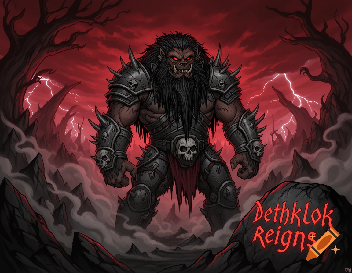A fearsome, armored bugbear with a long beard and glowing red eyes stands in a dark, stormy landscape with lightning, text 'Dethklok Reigns' on a rock.