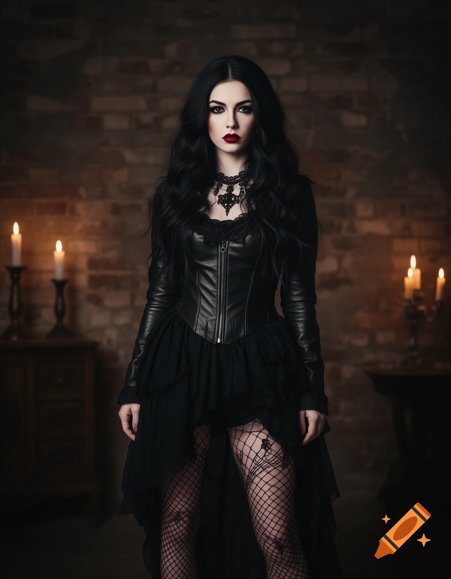 A gothic woman with long black hair, red lipstick, and fishnet stockings, wearing a leather jacket and black dress, stands in a dimly lit room with brick walls and candles.