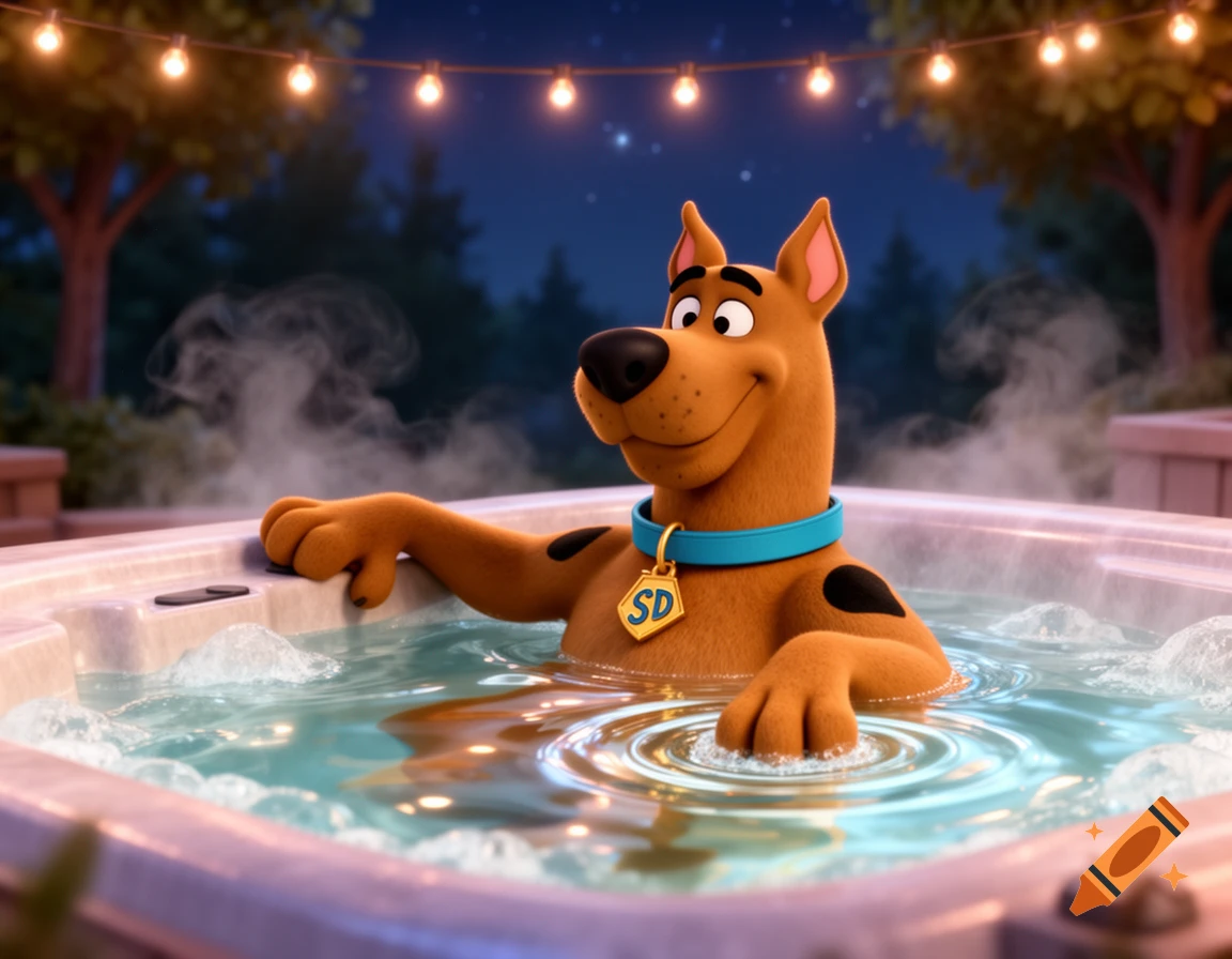 Scooby-Doo relaxing chest-deep in a hot tub at night, surrounded by string lights, in 3D animation style.