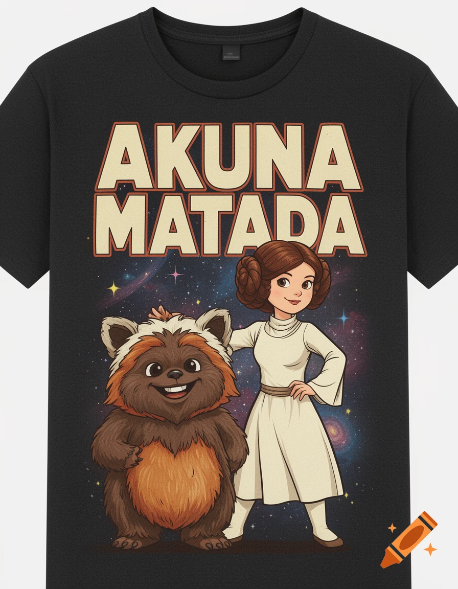 Black t-shirt with "AKUNA MATADA" text, featuring cartoon Princess Leia and an Ewok on a cosmic background.