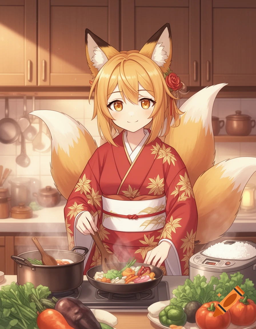 An anime fox-girl in a red kimono with gold maple leaves cooks vegetables in a kitchen, smiling gently.