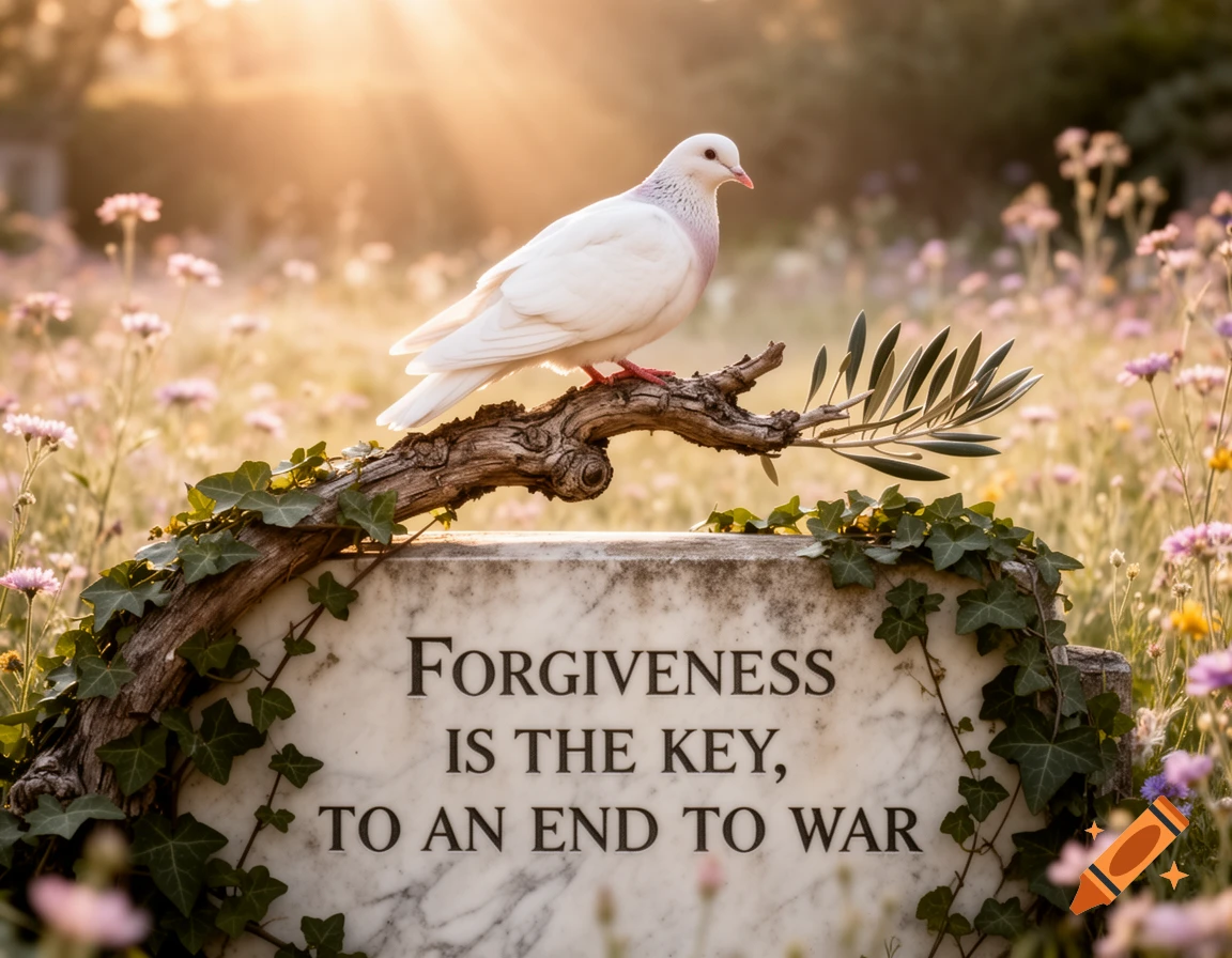 A white dove on an olive branch above a marble inscription 'Forgiveness is the key, to an end to war,' surrounded by wildflowers at sunset.
