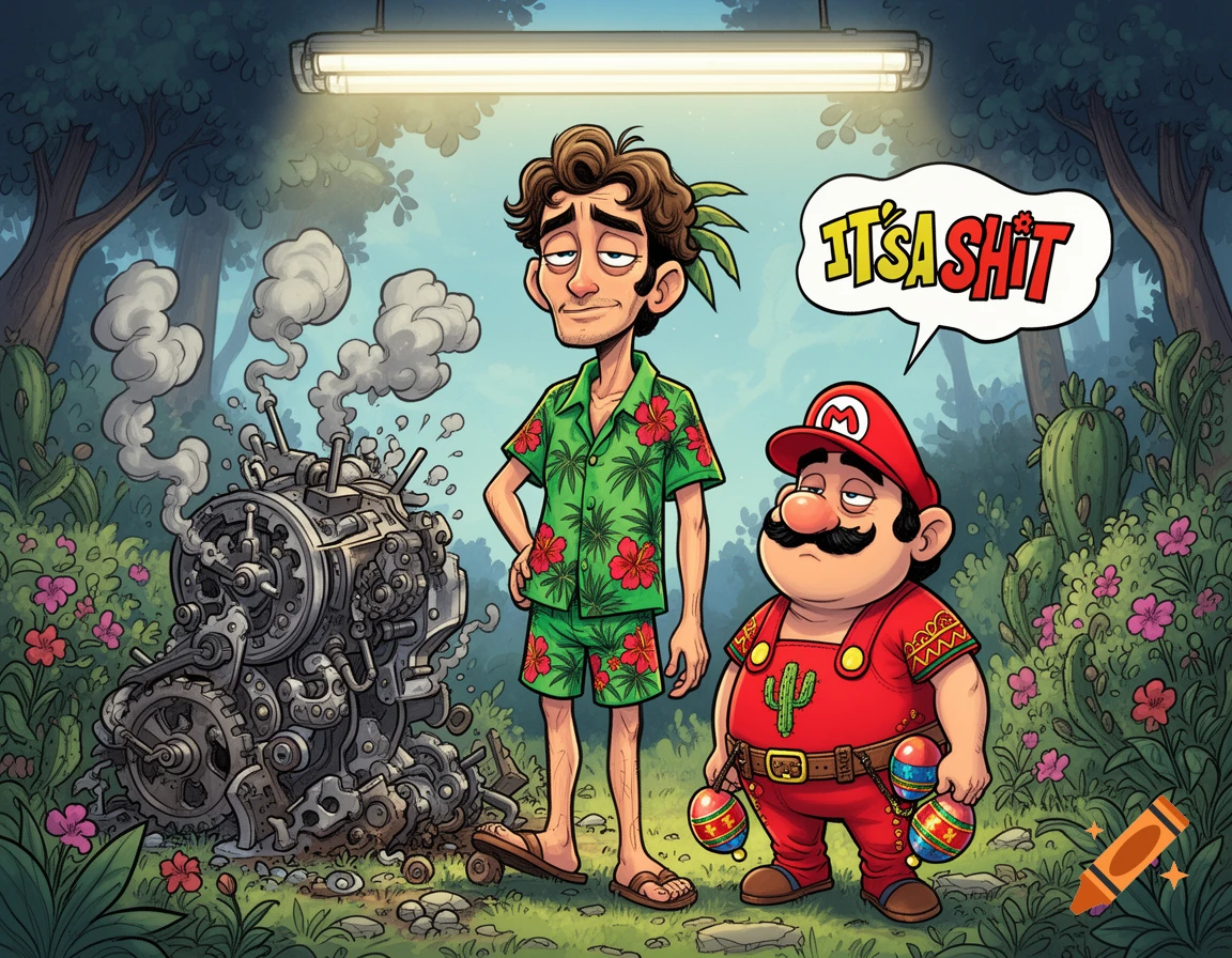 Caricature of a stoned tall man in Hawaiian attire and a short, Mario-like man in a red Mexican outfit, saying 'IT'S A SHIT' next to a smoking broken machine in a jungle.