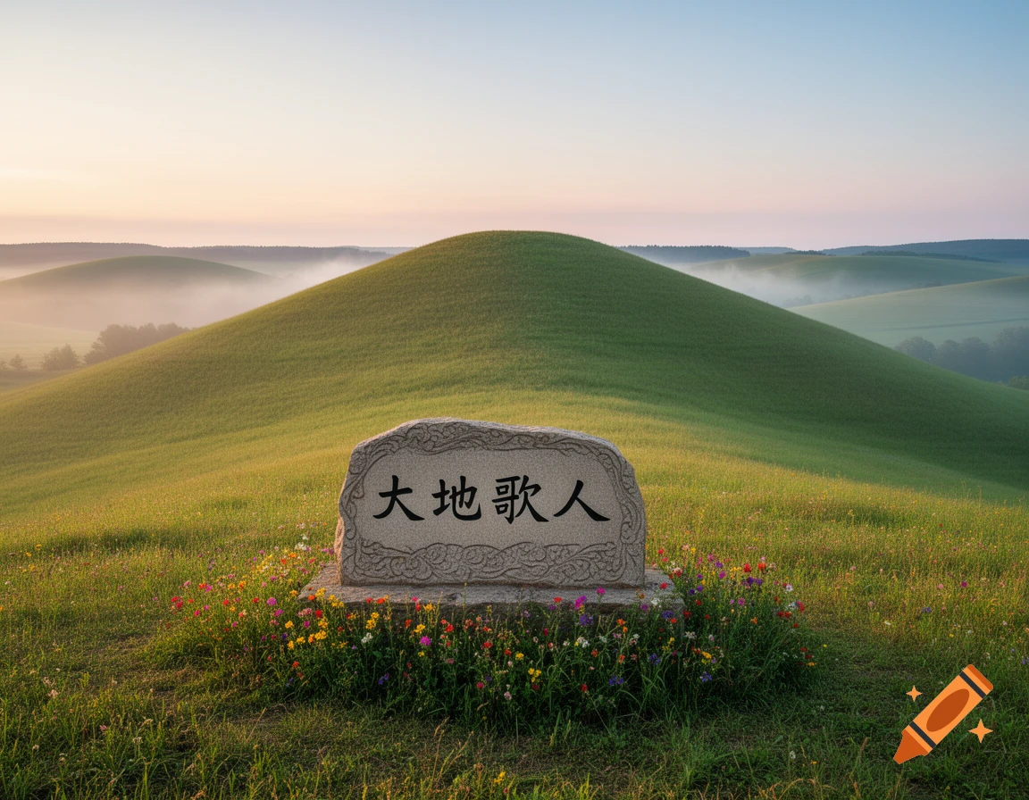 A photorealistic stone monument with Chinese text surrounded by wildflowers on rolling green hills during sunrise.