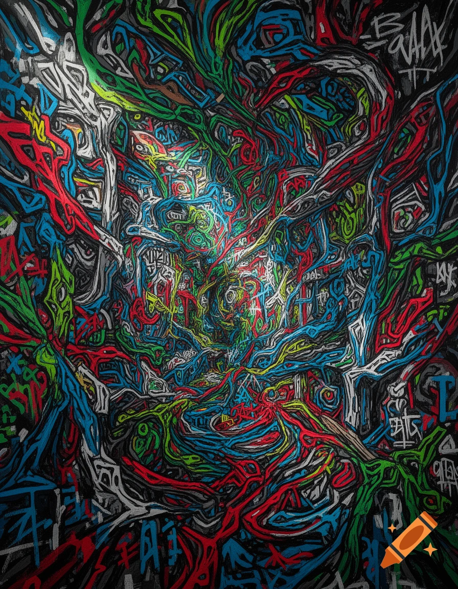 Vibrant abstract art in Basquiat style, featuring interwoven colorful lines and shapes against a dark background, with graffiti-like symbols.