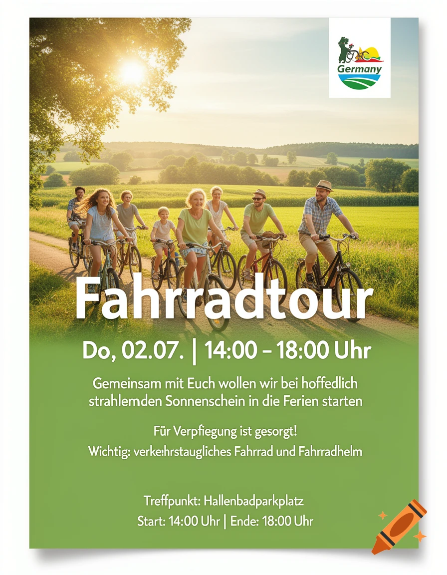 A vibrant green poster advertises a family bike tour in Germany. Seven smiling people of various ages ride bicycles on a sunny, unpaved path through green fields with trees and rolling hills in the background. White text overlays the image, detailing event information and the title 'Fahrradtour'. A small 'Germany' logo is in the top right.