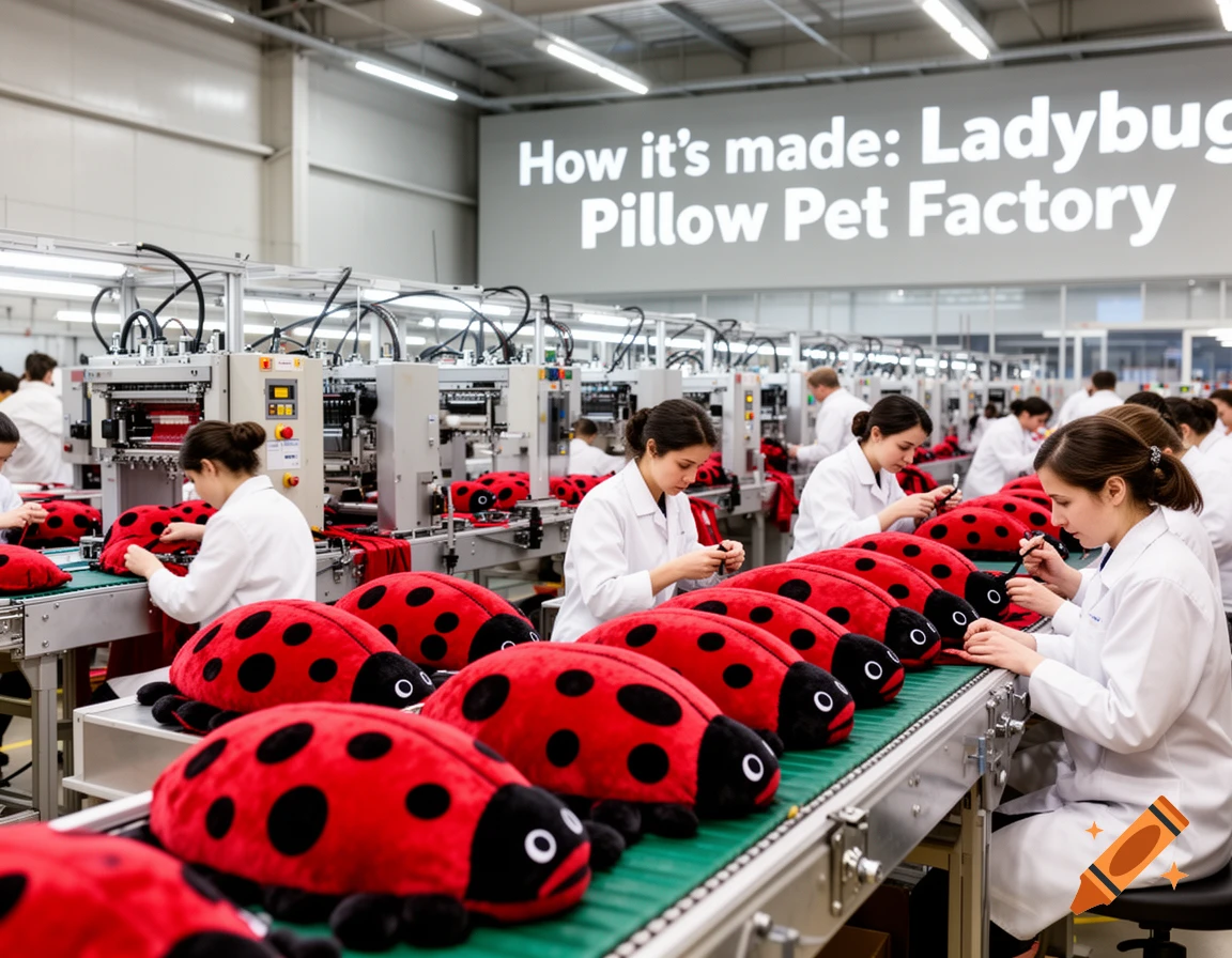 Workers assemble red and black ladybug plush toys on a conveyor belt in a factory, with a sign overhead about a 'Ladybug Pillow Pet Factory'.