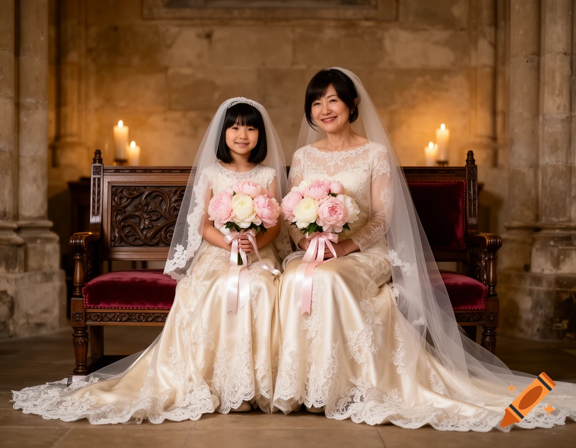 A woman and a young girl in wedding dresses and veils hold pink and white bouquets, sitting on a carved bench in a church.