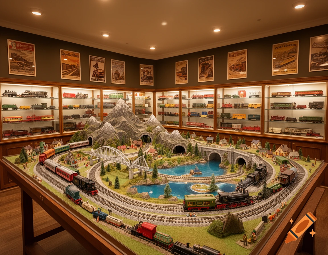 An elaborate model train diorama with multiple trains, mountains, a river, bridges, and miniature houses, in a museum setting.