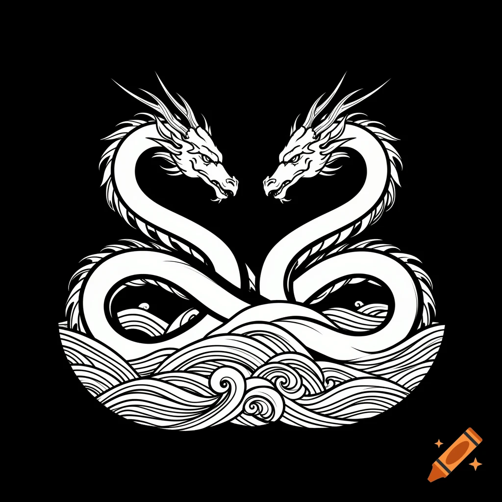 Two stylized white dragons form an infinity symbol, facing each other above white waves on a black background, in a tattoo art style.