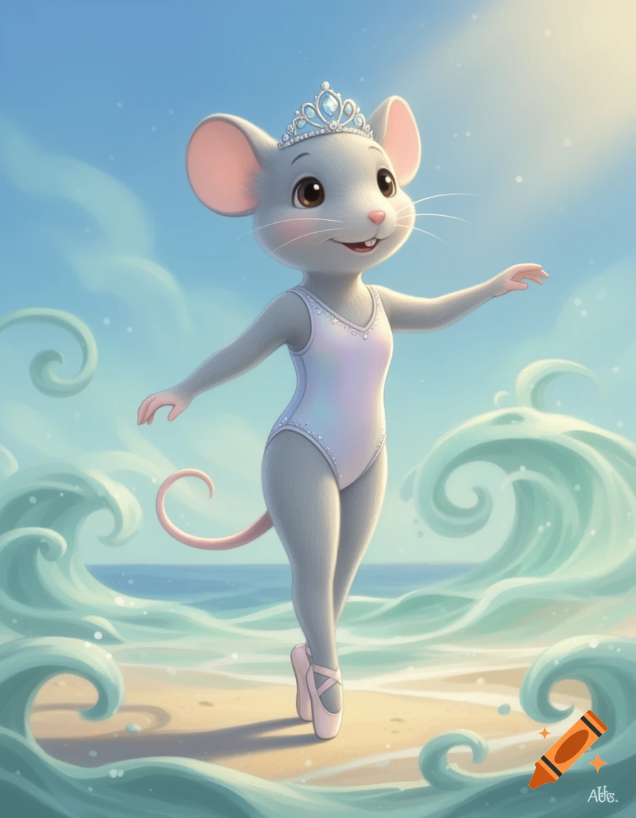 A cute cartoon mouse wearing a white ballerina leotard and a tiara stands on a sandy beach with stylized blue waves.