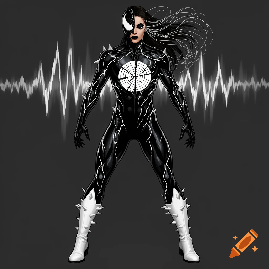 A full-body image of a woman in a black, symbiote-like suit with white lightning patterns, spikes, and white boots. She has a black and white mask covering half her face and flowing dark hair, with a white target symbol on her chest and a sound wave background.