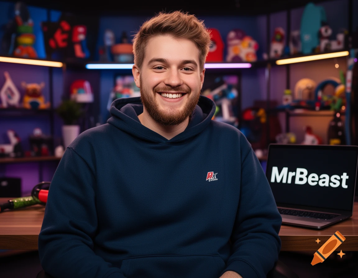 A smiling man with a beard wears a dark blue hoodie, sitting at a desk with a laptop showing 'MrBeast' in a vibrant studio.