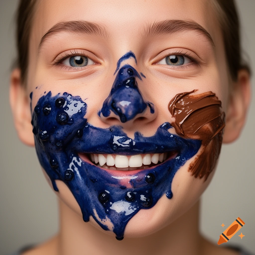 Close-up of a person smiling with blue blueberry sauce and brown chocolate spread smeared on their face.