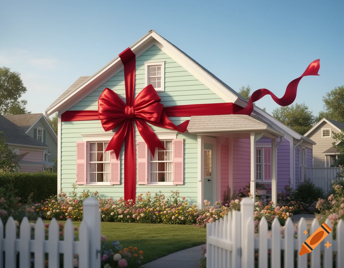 A photorealistic pastel-colored house decorated with a large red gift bow, a white picket fence, and blooming flowers.