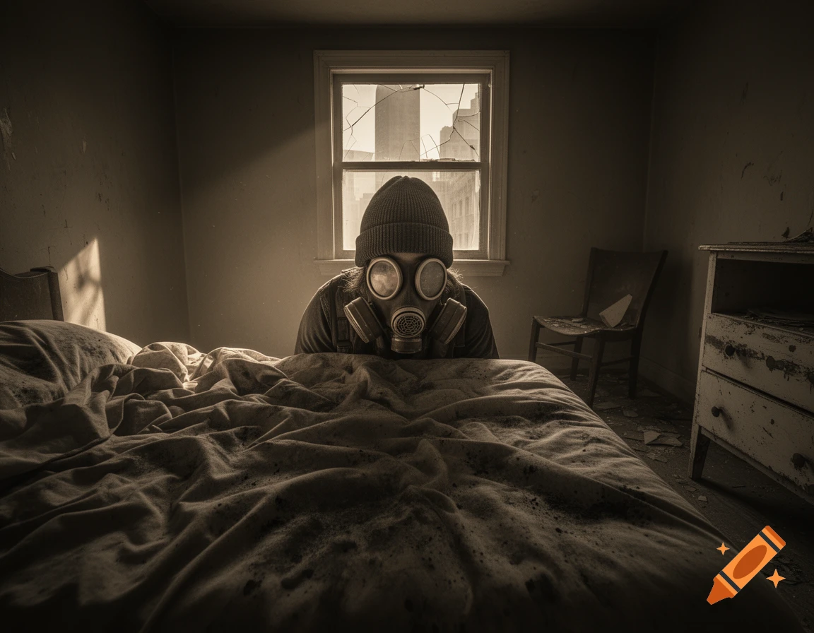A person in a gas mask and beanie looks over a messy bed in a dark, dilapidated room with a broken window, sunlight streaming in. Photorealistic.
