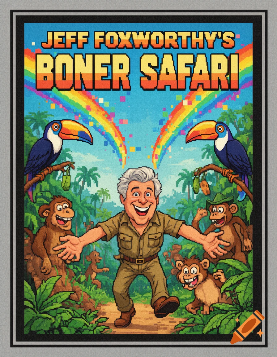 Pixel art NES box art features a cartoon Jeff Foxworthy in a jungle, surrounded by monkeys and toucans, beneath a rainbow.