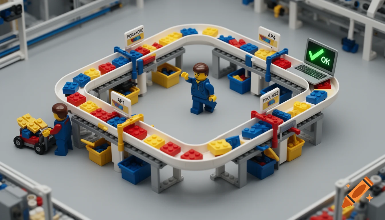 Photorealistic Lego factory with minifigures on a U-shaped conveyor belt moving red, blue, and yellow bricks. A laptop shows 'OK'.