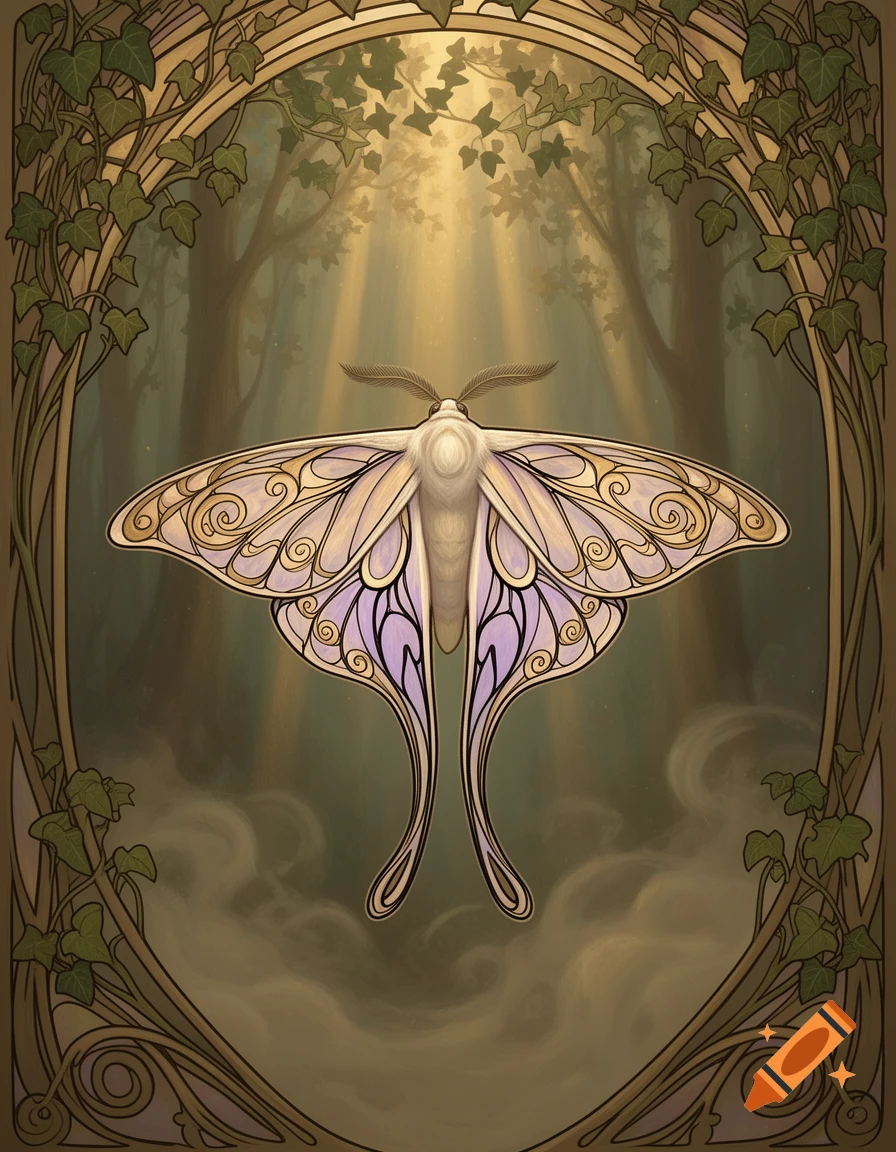 An Art Nouveau style illustration of a moth with ornate wings, centered in an ivy frame, against a glowing forest.