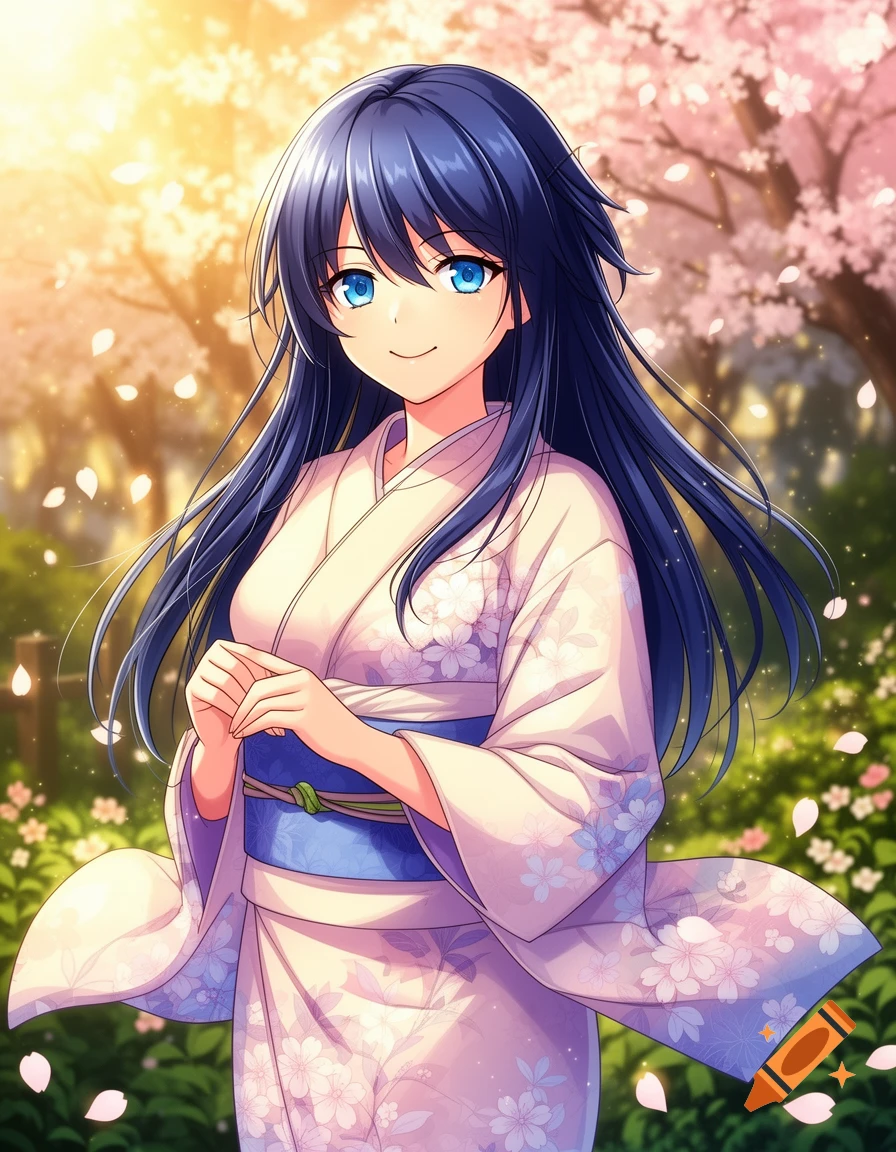 Smiling anime girl with blue hair and blue eyes wearing a white kimono with pink floral patterns, standing amidst pink cherry blossoms under bright sunlight.