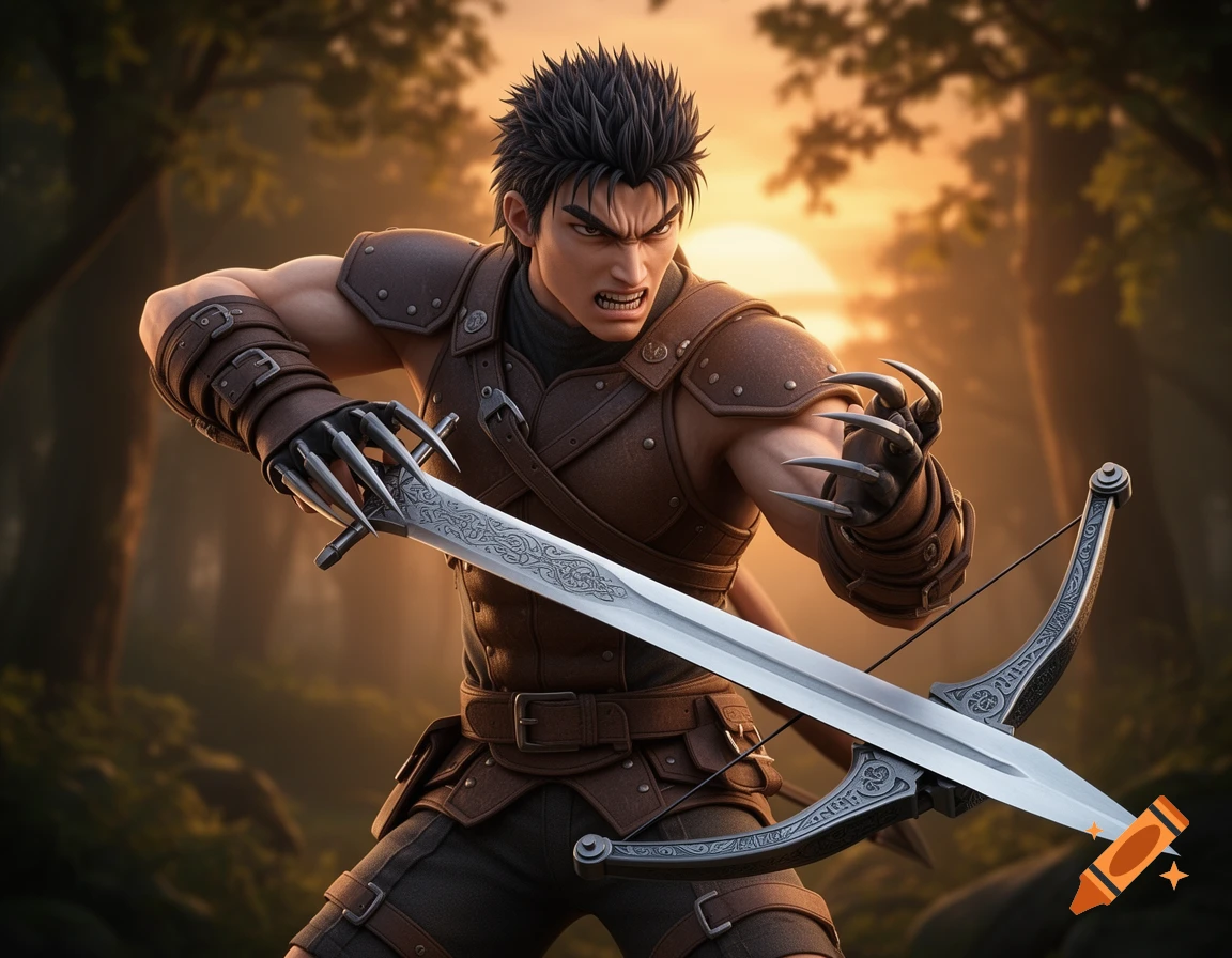 A muscular anime warrior in leather armor holds a sword-crossbow hybrid and a clawed gauntlet in a forest at sunset.